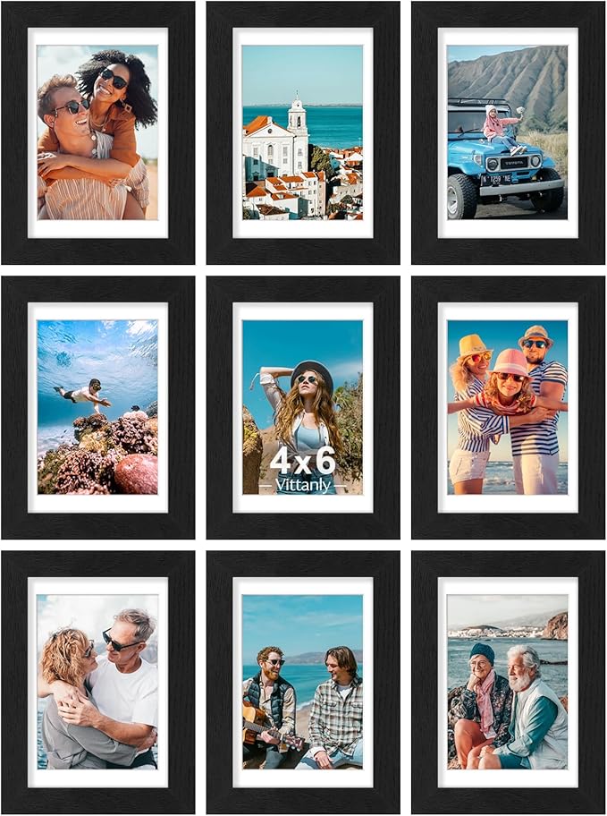 Vittanly 4x6 Picture Frames Set of 9, Shatter Resistant Plexiglass, Display 3.5x5 Pictures with Mat or 4x6 without Mat, Photo Frames for Wall or Tabletop, Engineered Wood, Black-Ruum Studio Home