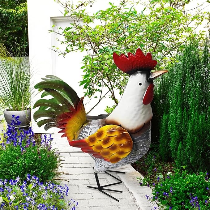 Metal Rooster Statue, Garden Outdoor Decor, Red and Gold Feathers, Weather Resistant, Metal Chicken Yard Art Sculpture, Iron Garden Animal Statue-Ruum Studio Home