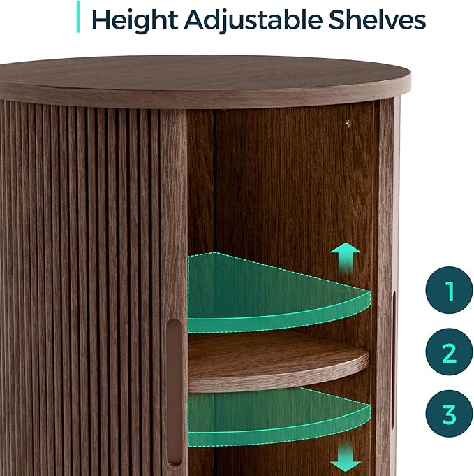 LINSY HOME Round Fluted End Table, Tall Side Table with Sliding Tambour Door and Storage Shelf, Modern Bedside Table, Mid-Century Nightstand for Living Room, Bedroom, Walnut-Ruum Studio Home