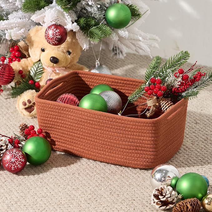 Small Storage Baskets for Organizing | Closet Organizer Bins | Shelf Toy Basket | Woven Rope Baskets | Cube Decorative Box | Shallow Basket | 13x8.5x5.1” | 3 Packs Oxide Red-Ruum Studio Home