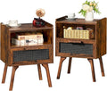 Lerliuo Rattan Nightstands Set of 2, Boho Side Table with Drawer Open Shelf, Cane Accent Bedside End Table with Solid Wood Legs for Bedroom, Dorm and Small Spaces (Brown)-Ruum Studio Home