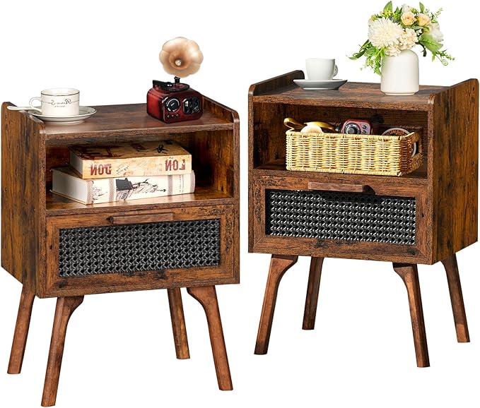 Lerliuo Rattan Nightstands Set of 2, Boho Side Table with Drawer Open Shelf, Cane Accent Bedside End Table with Solid Wood Legs for Bedroom, Dorm and Small Spaces (Brown)-Ruum Studio Home