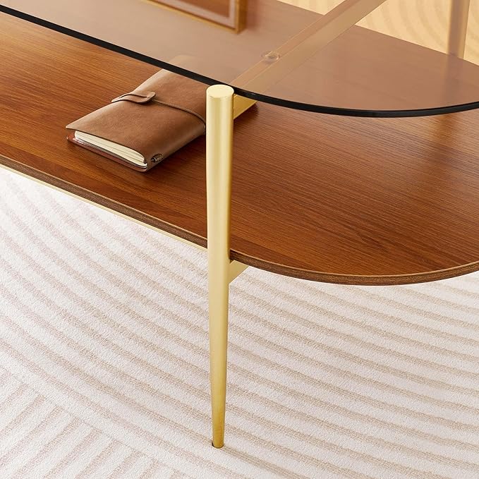 Oval Glass Coffee Table, Mid-Century Modern Design, L41 x W21 x H17 inch, for Living Room, 2-Tier Structure, Amber Glass Top and Walnut Finish Wood Shelf, Conical Legs with Gold Finish Frame-Ruum Studio Home