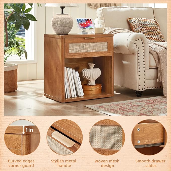 LEYAOYAO Boho Rattan Coffee Table Sets 2 Pieces, Nightstand with Charging Station and Coffee Table with Hidden Storage Compartment, Brown Living Room Table Set, Wood Furniture Sets for Home Office-Ruum Studio Home