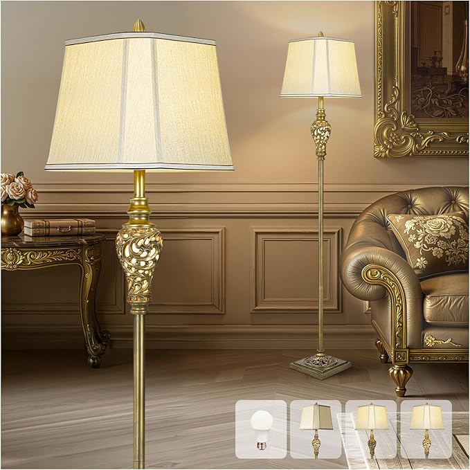 Vintage Floor Lamp for Living Room, 65" Tall Lamp with Nightlight and Beige Faux Silk Shade, Farmhouse Standing Lamp for Bedroom, Office Corner, or Study, Elegant Rustic Home Decor (LED Bulb Included)-Ruum Studio Home