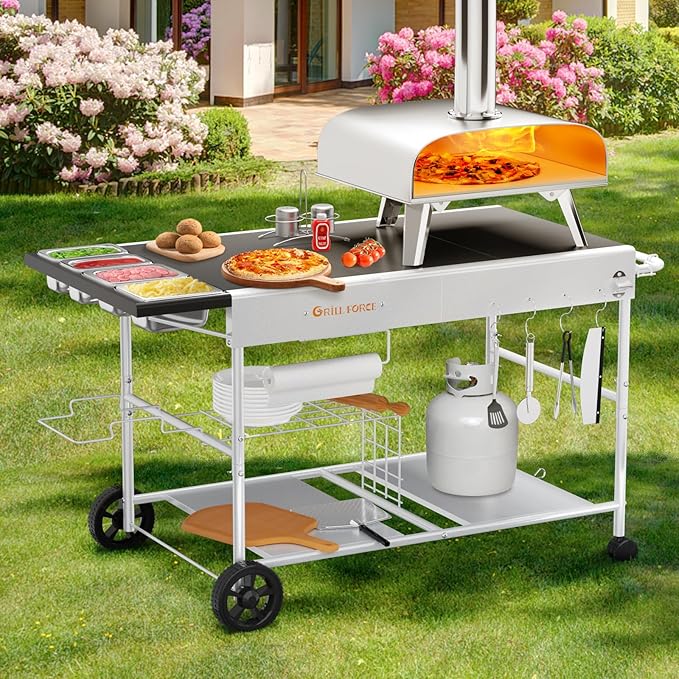 Pizza Oven Table with Topping Station, Outdoor Pizza Oven Cart, Grill Table for Outside, Grill Cart, Food Prep Work cart Fits for Ninja Woodfire Grill, Blackstone Griddle,Tabletop Grill-Ruum Studio Home