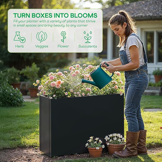 IDZO Metal Planter Box, Privacy Trough for Patio, Rectangle Container for Outdoor Plants, Tall Large Rectangular Steel Bed for Outdoor Greens with Drainage Holes & Adjustable Feet, Black-Ruum Studio Home
