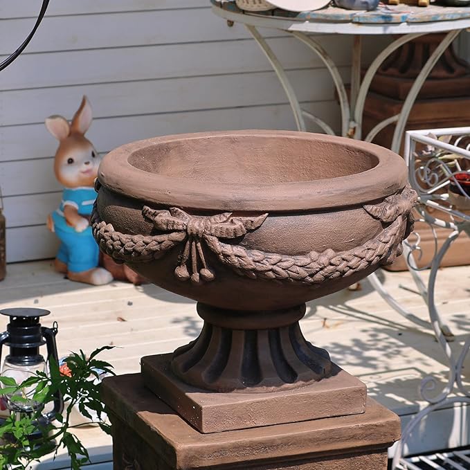 Vintage Garden Urn Planter with Pedestal, Cement and Fiber, Maked Bronze Color, Decorative Leaf Pattern, 30 Inch Height, Wrap Foam Safely Delivered from Local Warehouse (Bronze)-Ruum Studio Home