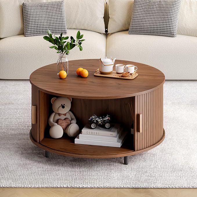 Round Coffee Table with Storage, 31.5" Modern Coffee Table with 360° Curved Sliding Door, Fluted Wood Accent Coffee Table with Adjustable Footpads, Round Center Table for Living Room, Walnut-Ruum Studio Home