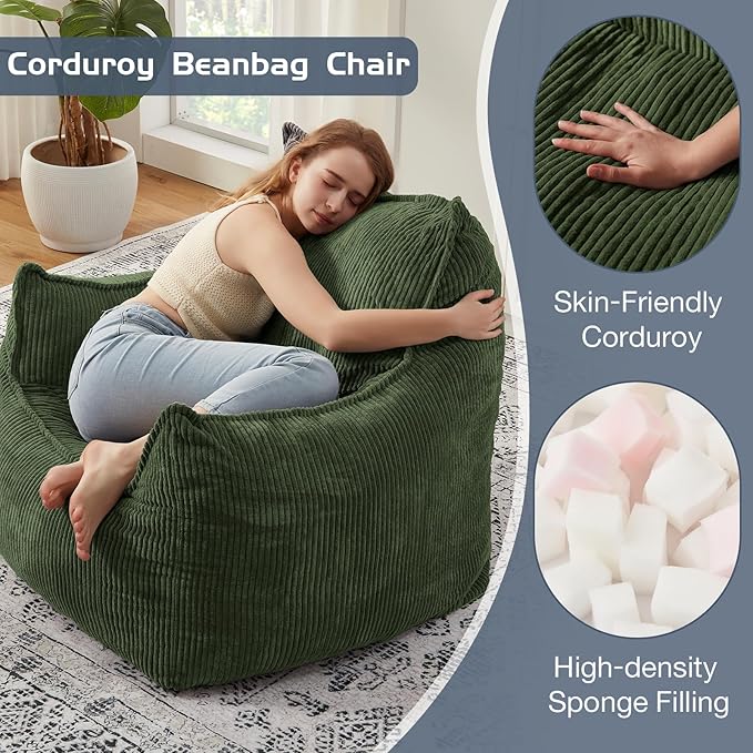 Giant Bean Bag Chair Sofa for Adults Teens, Comfy Corduroy Large Bean Bag Chairs with Armrests for Bedroom Living Room, Adult BeanBag Lazy Sofa Couch Chairs with Filler Included-Ruum Studio Home