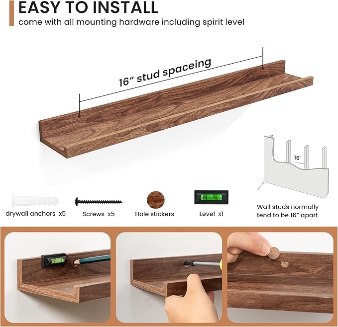 Fun Memories Picture Ledge Shelves Set of 2, 24 Inch Rustic Wall Mounted Floating Shelves with Lip for Home Storage and Décor in Bathroom, Kitchen, Nursery, Bedroom, Living Room, Walnut-Ruum Studio Home
