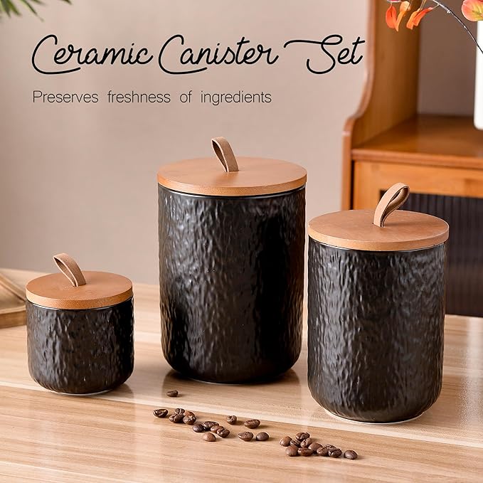 JOJUNO Black Ceramic Canister Set with Wooden Lid, 3-Piece Airtight Food Storage Jars for Kitchen Counter - Flour, Sugar, Coffee, Tea, Spice - Small, Medium, Large Sizes - Stone Texture-Ruum Studio Home