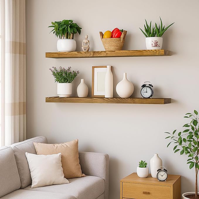 BGMG Wood Floating Shelves for Wall 30 inch Set of 2, Rustic Wooden Wall Mount Shelves for Living Room Bedroom Kitchen Farmhouse 2-30x6.7x1.25 inch- Gold Oak-Ruum Studio Home