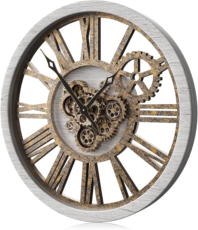 The B-Style Large Wall Clock 24 inch Moving Gear Wall Clock Oversized Vintage Farmhouse Wall Clocks for Living Room Decor Rustic Industrial Wood Clock (Silver Gray, 36 inch/90cm)-Ruum Studio Home