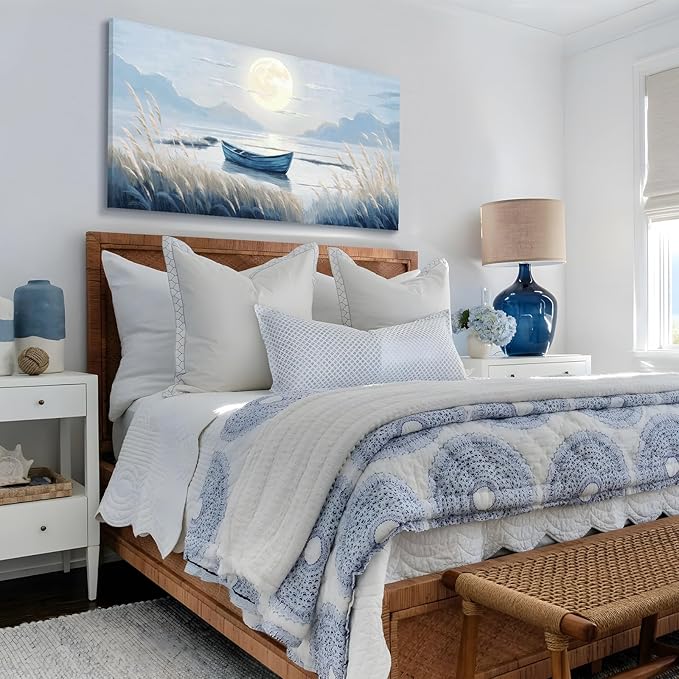 Large Wall Art for Living Room Bedroom Decor - Modern Nautical Beachy Ocean Beach Seascape Nature Artwork with Blue Boat Moon Lake Mountain Sea - Relaxing Serene Canvas Picture for Coastal Rustic Home-Ruum Studio Home