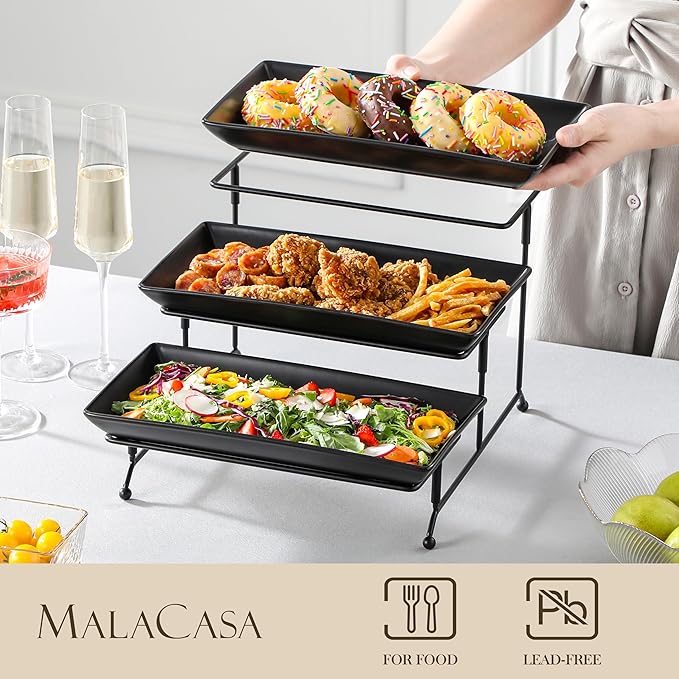 MALACASA 3 Tier Serving Trays for Party, Stoneware Serving Platters and Trays, 12 Inch Tiered Tray Stand, Fruit Tray, Trays for Serving Food, Black Dessert Stand with Collapsible Sturdier Metal Rack-Ruum Studio Home