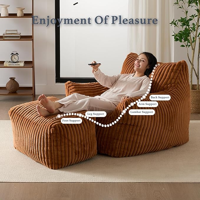 Oversized Bean Bag Chaise Lounge Chair Indoor for Adults with Armrests & Ottoman - Giant Comfy Orange Beanbag Floor Sofa Cloud Accent Chair for Reading, Gaming, Cozy Plush Cloud Mini Couch-Ruum Studio Home