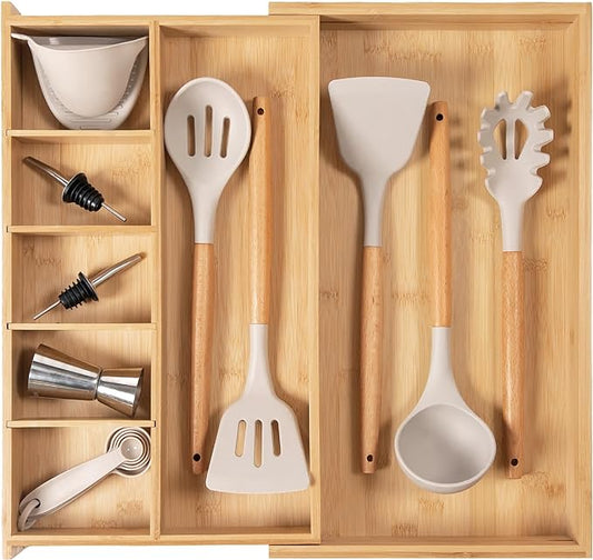 Adjustable Kitchen Drawer Organizer for Utensils and Junk, Food-Safe Contract Grade with 100% Sustainable Wood, Expandable from 10.5 to 19 Inches Wide - Natural Bamboo-Ruum Studio Home