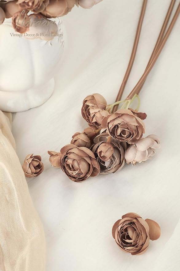 Floroom Ranunculus Artificial Flowers 18 Pcs Taupe Brown Faux Silk Mini Ranunculus Bulk Fake Wedding Filler Flowers for DIY Bouquets, Centerpieces, Bridal Shower Decorations & Arrangements-Ruum Studio Home