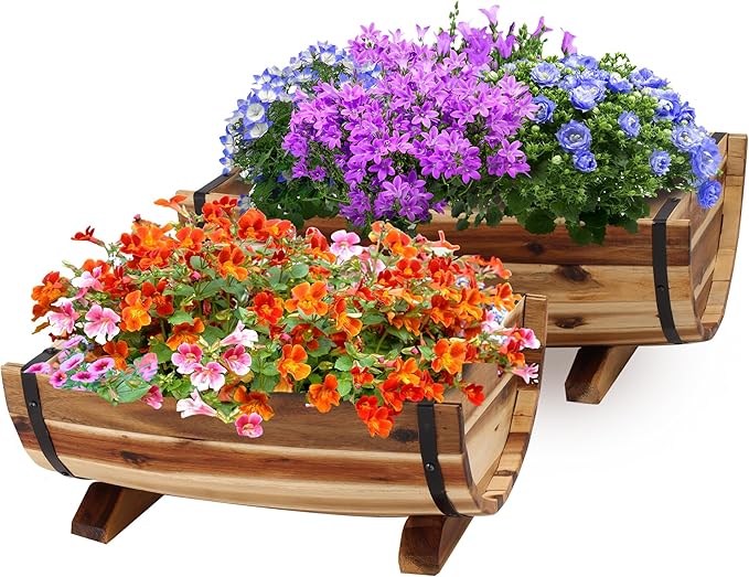 IDZO Solid Acacia Wood Half Barrel Planters Outdoor Set of 2 Different Sizes, Wooden Planters for Outdoor Plants with Metal Bands & Drainage Holes, Legs Included, Natural-Ruum Studio Home