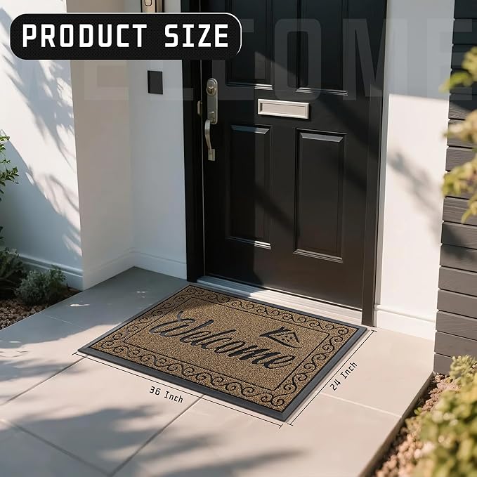 Yimobra Welcome Front Door Mat, Heavy Duty Easy Clean Doormat Indoor Outdoor, Waterproof Quick Dry Floor Mat for Home, Garage, Hign Traffic Areas, Non Slip, Low Profile, 36 x 24 Inches, Beige Brown-Ruum Studio Home