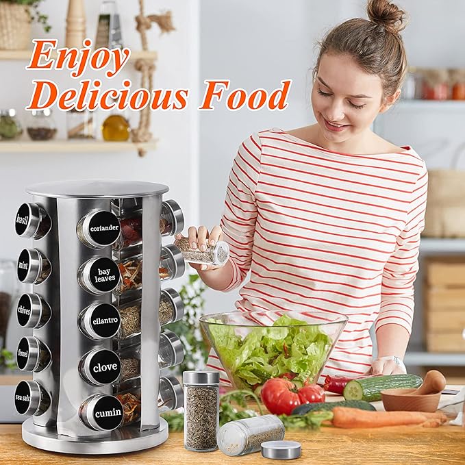 DOUBLE 2 C Revolving Spice Rack with 20 Jars, Rotating Spice Rack Organizer, Seasoning Organizer with Labels, Stainless Steel Spice Carousel for Kitchen Countertop, Cabinet-Ruum Studio Home