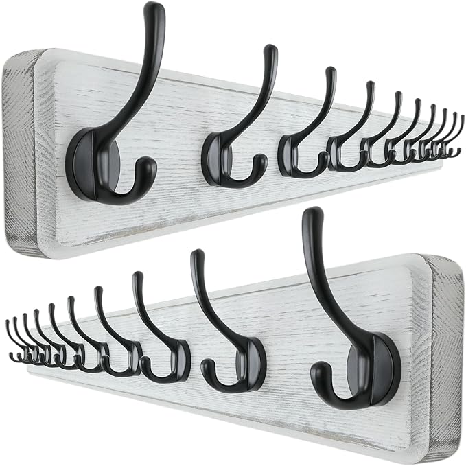 Dseap Wall Mounted Coat Rack: 38-1/4" Long, Patented, Heavy-Duty, 10-Double-Hooks Wooden Hanger Rail for Winter Coats, Hat, Jacket, Clothing - White & Black, Pack of 2-Ruum Studio Home