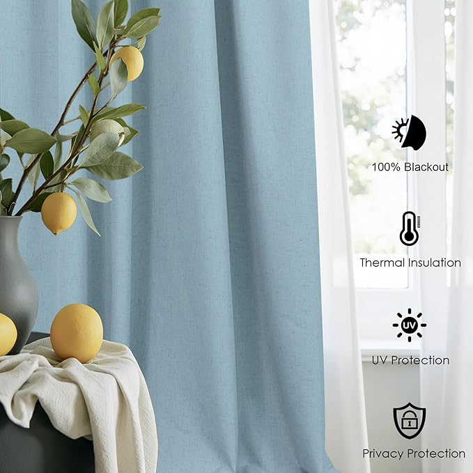 Total Blackout Linen Curtains 96 Inches Long for Bedroom 8 Foot Tall Heavy Thermal Rustic Country Light Blue Black Out Curtains for Living Room Window Drapes Stone Blue Gray Greyish Back Tab 2 Panels-Ruum Studio Home