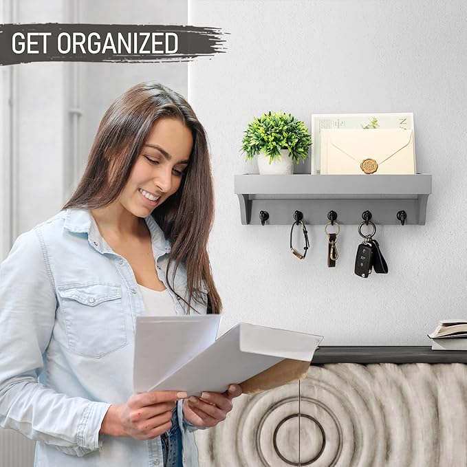 Rebee Vision Decorative Key Holder for Wall - Modern Farmhouse Wall Mount Mail Organizer Keys Hanger with Floating Shelf, 5 Rustic Key Hooks for Entryway Home Decor (Gray)-Ruum Studio Home
