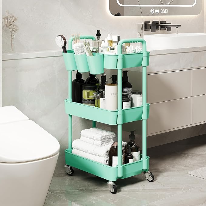 UDEAR 3-Tier Rolling Utility Cart,Multifunctional Storage Shelves with Handle and Lockable Wheels for Room,Office,Kitchen,Bathroom,with 3 Hanging Cups,Green-Ruum Studio Home