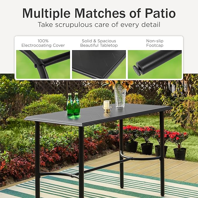 PHI VILLA Outdoor Patio Bar Table for 4-6, Counter Height Rectangle Bar Table with All Weather Metal Steel Frame Black for Outside, Yard, Garden and Deck-Ruum Studio Home