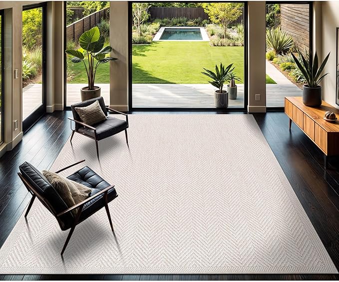 CAMILSON Easy Jute Rug 6x9, Indoor Outdoor Off-White Color Fiber Area Rugs for Living Room Patio and Bedroom Rug Herringbone Seagrass Woven Design Easy-Cleaning, Washable Outside Carpet Alfombras 6x9-Ruum Studio Home