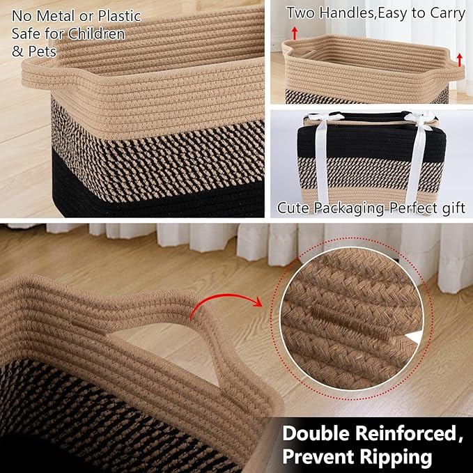 OIAHOMY Storage Basket, Woven Baskets for Storage, Cotton Rope Basket for toys,Towel Baskets for Bathroom - Pack of 3, Black & Brown-Ruum Studio Home