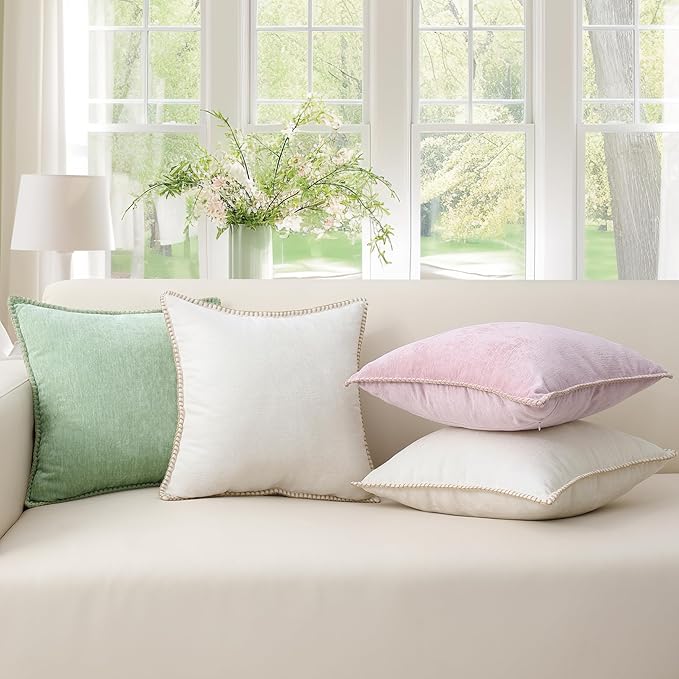 decorUhome Chenille Soft Throw Pillow Covers 16x16 Set of 2, Farmhouse Velvet Neutral Decorative Euro Pillow Covers with Stitched Edge for Couch Sofa Bed Home Decor, Cream White-Ruum Studio Home