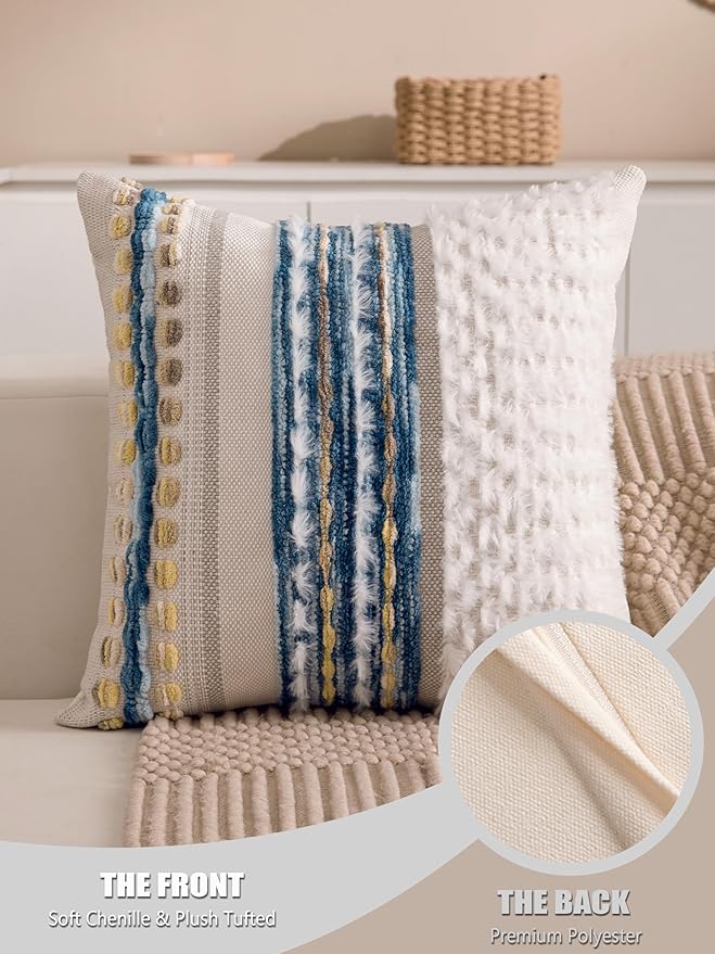 Boho Chenille Tufted Couch Throw Pillow Covers 18x18 Inch Set of 2 Farmhouse Striped Decorative Pillow Covers Accent Neutral Square Pillowcase Blue Cushion Covers for Livingroom Sofa Bed-Ruum Studio Home