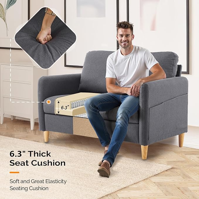 VINGLI 47" Small Couch, Dark Grey Linen Loveseat Sofa Mini Couch Mid Century Modern Decor Love Seat for Small Spaces Living Room, Bedroom, Play Room-Ruum Studio Home