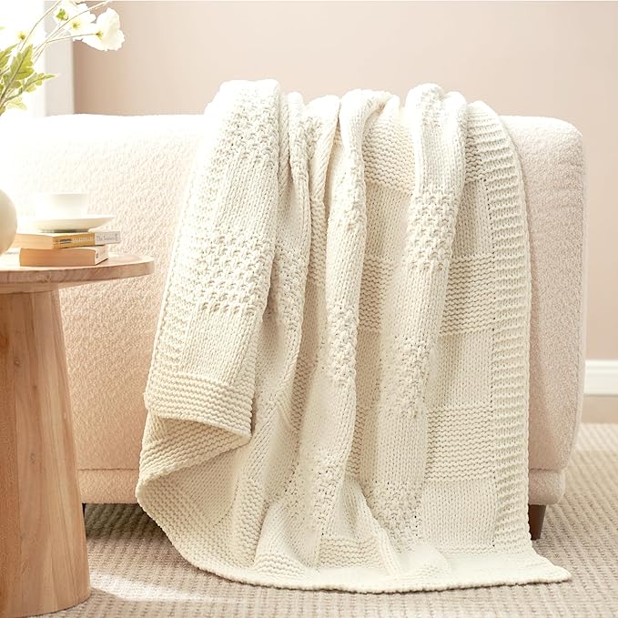 Amélie Home Chenille Knit Throw Blanket for Couch, Checkered Texture Decorative Soft Blanket for Sofa, Bed & Living Room, 50"x60", Ivory-Ruum Studio Home