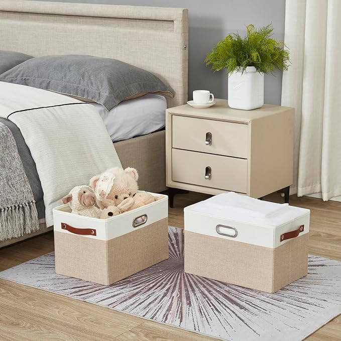 Large Collapsible Fabric Storage Bins with 3 Handles, Foldable Organizer Baskets for Closet, Shelves, Living Room | 3 Pack, Durable PU & Metal Handles (14.9"x9.8"x9.8", Beige & White)-Ruum Studio Home