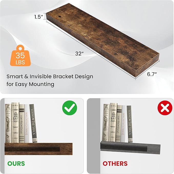 Floating Shelves for Wall, 31.5"W x 6.7"D x 1.5"H, Wooden Wall Mounted Display Shelf with Invisible Brackets for Living Room, Bedroom, Bathroom, Kitchen Decor & Storage, Set of 2, Rustic Brown-Ruum Studio Home