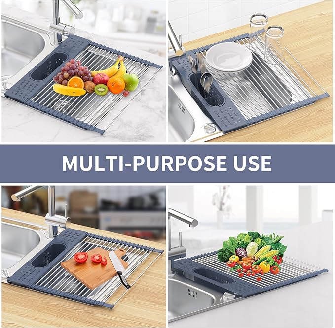 LEMIKKLE Roll Up Dish Drying Rack 17.5" x 15.2" Over The Sink Dish Drying Rack, Multi-Purpose Kitchen Rolling Dish Drainer Foldable SUS 304 Stainless Steel Dish Drying Rack-Ruum Studio Home