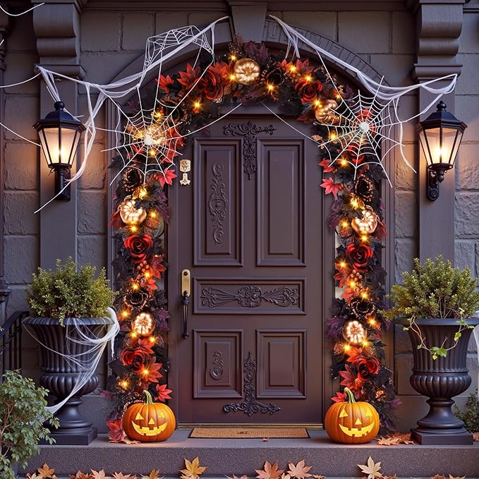 SHareconn 9FT Halloween Garland with Purple Lights Battery Operated and Timer, Pre-Lit Black Red Maple Leaves Lighted Garland Decorations for Fireplace Mantle Centerpiece Indoor Outdoor Decor, 9 FT-Ruum Studio Home