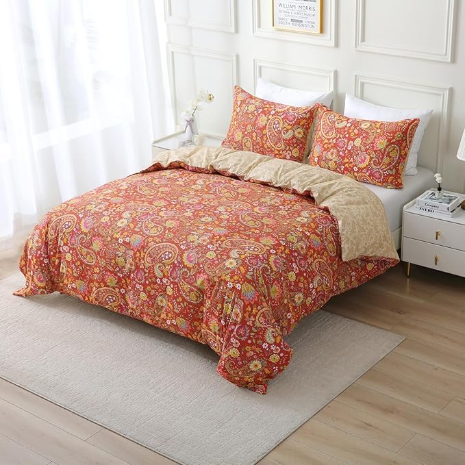 ABREEZE Paisley Bedding Sets 3Pcs Brushed Cotton Duvet Cover Set Queen Size Rustic Damask Red Floral Comforter Cover with Zipper Closure Boho Bedding Collections-Ruum Studio Home