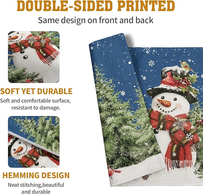 Blue Snowman Christmas Placemats Set of 4 Xmas Tree Cardinal Snowflakes Linen Table Mats Seasonal Winter Holiday Place Mats Washable Placemat for Party Kitchen Dining Outdoor Indoor Decor-Ruum Studio Home