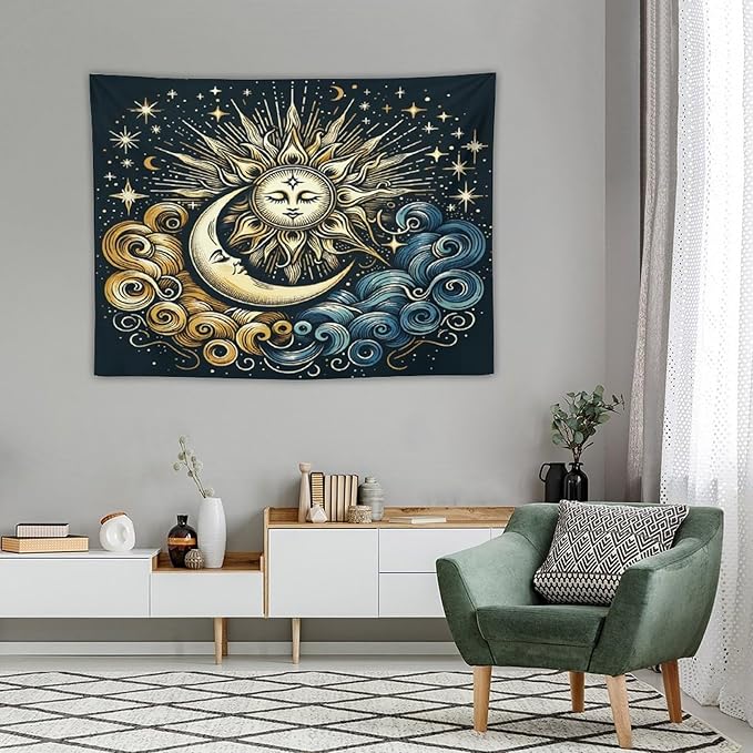 HZOHNAGO Sun Moon Tapestry Boho Golden Stars Pattern Printed Wall Tapestry Wall Hanging for Bedroom Living Room Dorm 40" W x 30" H-Ruum Studio Home