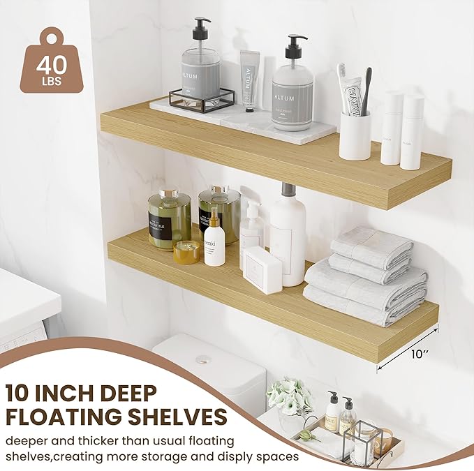 Fun Memories Floating Shelves for Wall 36 Inches, Wood Shelves with Invisible Bracket, 10" Deep Shelves Wall Mounted, Large Wood Floating Shelves for Living Room Bathroom, Oak, Set of 2-Ruum Studio Home