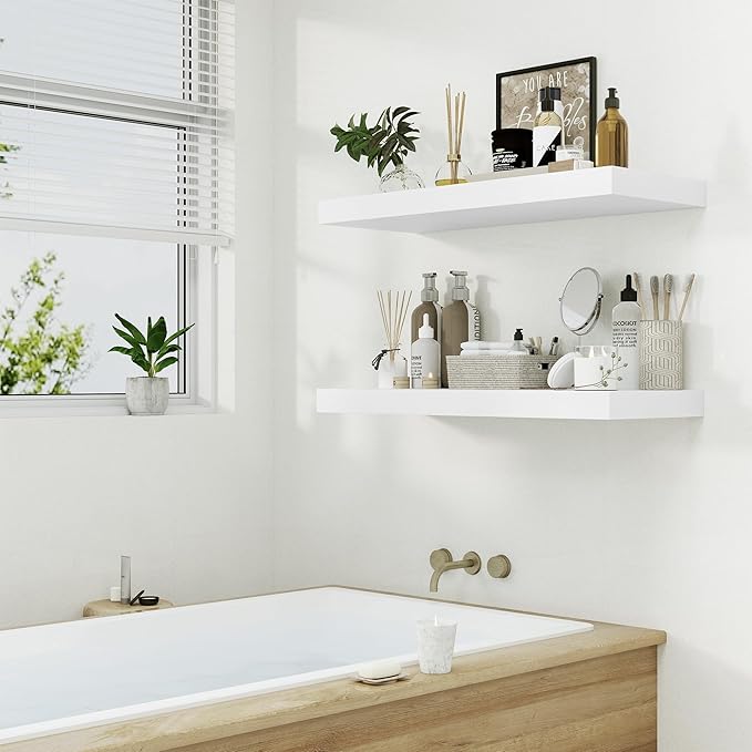12" Deep White Floating Shelves,Over Toilet Long Wall Mounted Modern Farmhouse 36 inches,Wall Shelves with Invisible Brackets for Bedroom, Bathroom, Living Room, Kitchen, Set of 1-Ruum Studio Home