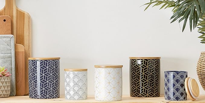 DII Kitchen Ceramics Collection, Canister Set, Mixed Print, White/Gold, 3 Piece-Ruum Studio Home