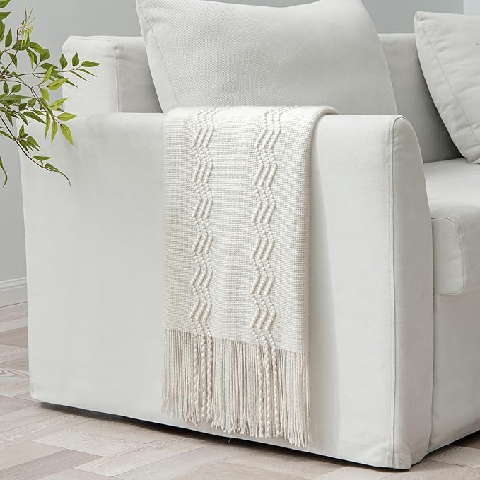 MIULEE Off White Knitted Throw Blanket for Couch Textured Knit Blanket with Tassels Cozy Woven Boho Bed Blanket for Sofa Bed Chair Acrylic Wave Pattern 50"x60"-Ruum Studio Home