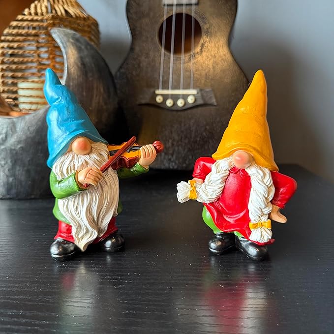 Garden Gnome Duo Decorative Figurines 5.5“ Ornament for Indoor Outdoor Home Garden Decor，Musical Violin Player and Dancing, Colorful Outdoor Statues, Set of 2-Ruum Studio Home