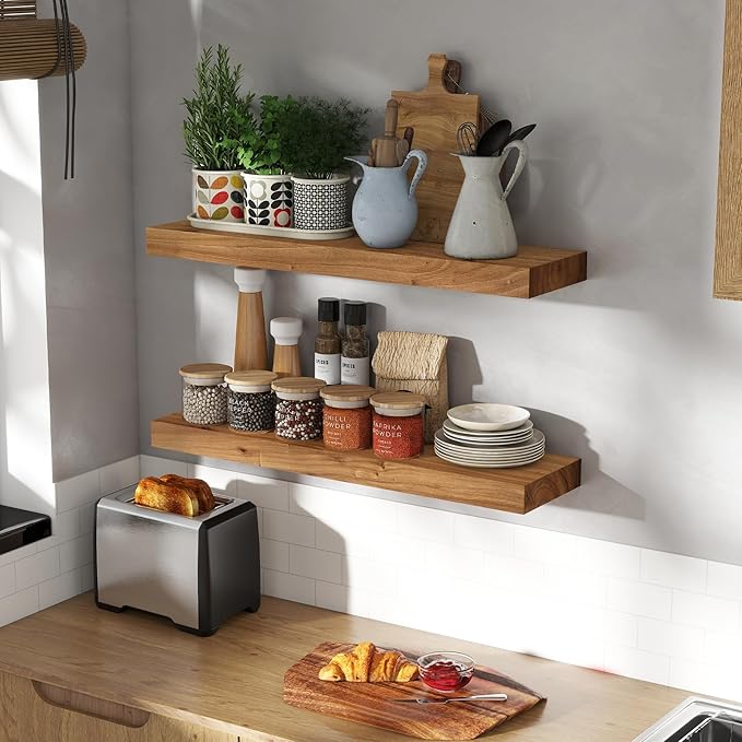 Rustic 30" Floating Shelves, Real Elm Wood Floating Shelf for Wall, Heavy-Duty Wall Shelves for Books, Wooden Floating Shelves with Invisible Bracket for Bathroom, Kitchen, Natural Color, Set of 2-Ruum Studio Home
